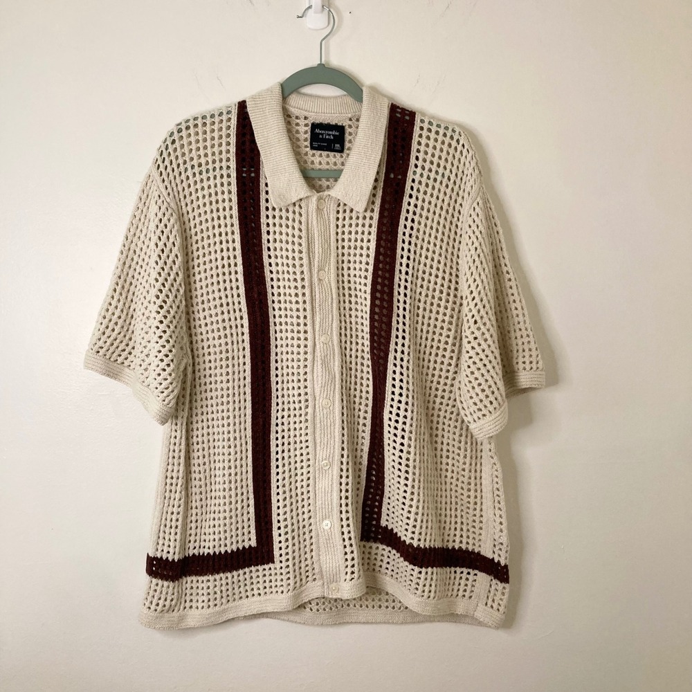 Abercrombie & Fitch Crochet Knit Button Up Shirt Cream Burgundy Stripe XXL Boho